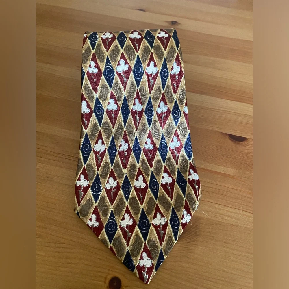 Ermenegildo Zegna Red Blue Gold Diamond Floral Italian Silk Tie